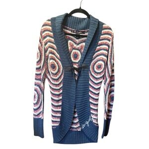 Desigual Crochet Knit Cardigan Sweater Geometric Circles Stars Blue Red White L